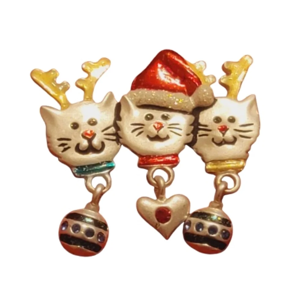 AJMC Vintage Christmas Cat Brooch 3 Kitty Dangle Enamel Holiday Pin Pewter